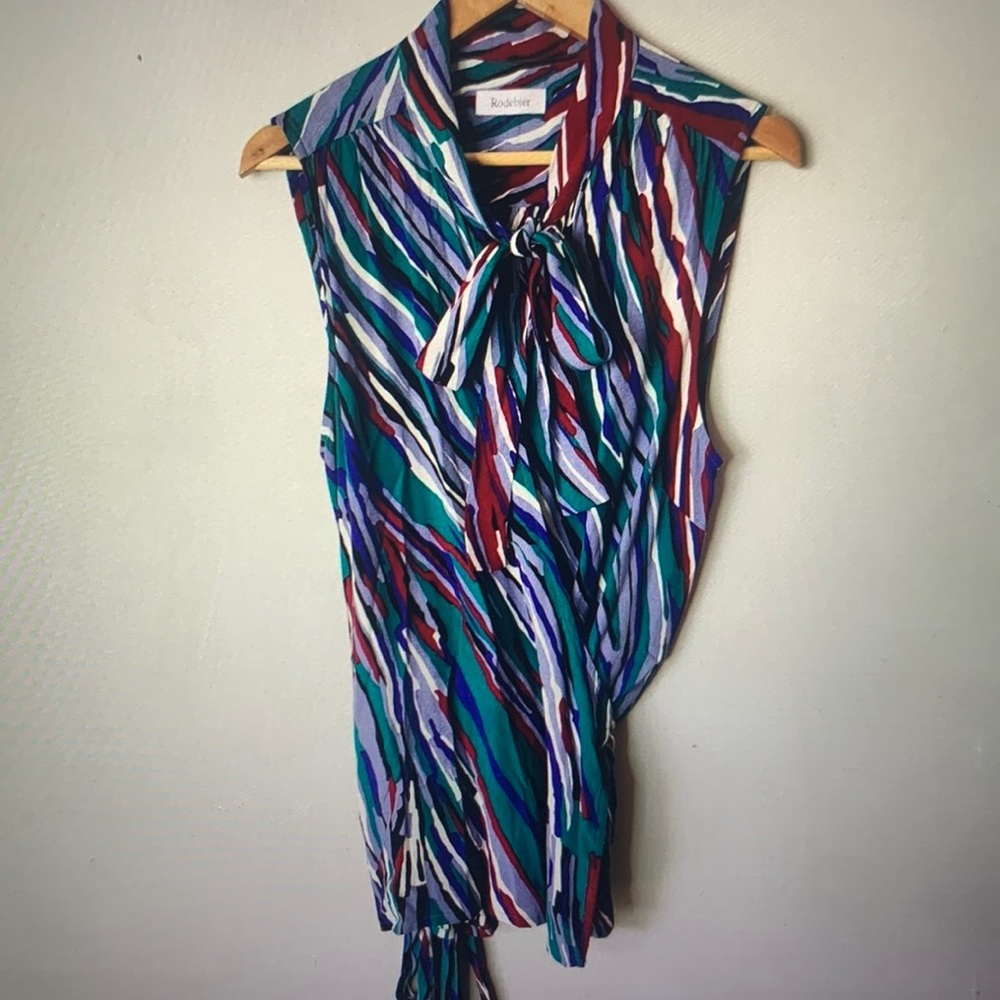 RODEBJER Wrap Bow Sleeveless Blouse JEWEL tones, IVORY & BLACK US L EUC